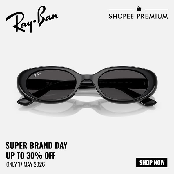 Image ad for Ray-Ban sunglasses, sold on Shopee Premium. The ad highlights a sale event with a discount.
