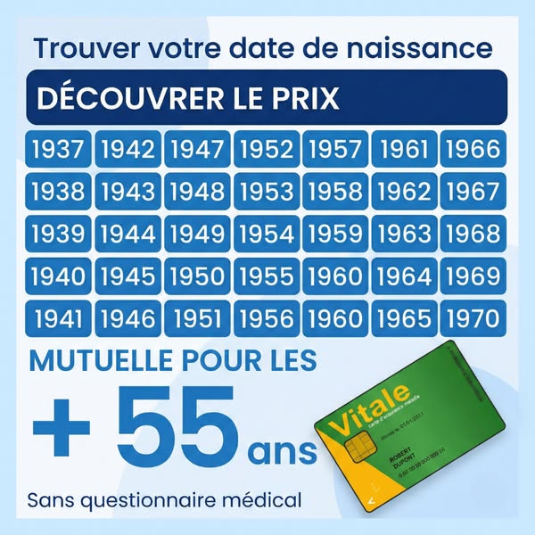 This ad is for 'Mutuelle pour les +55 ans', advertising health insurance for individuals over the age of 55. The
