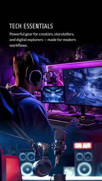 The ad showcases high-quality tech gear essentials for creators, storytellers, and digital explorers, highlighting the e
