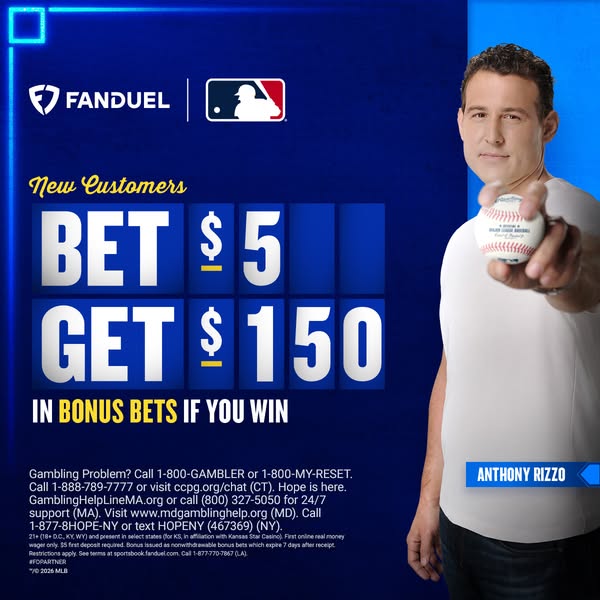 This image ad by Fanduel promotes a bonus bet offer for new customers. The ad features Anthony Rizzo holding a baseball.