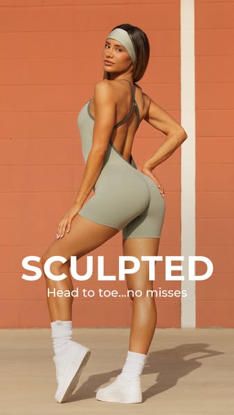 An advertisement featuring a model wearing a green body suit. The text in the ad reads: 'SCULPTED. Head to toe... no