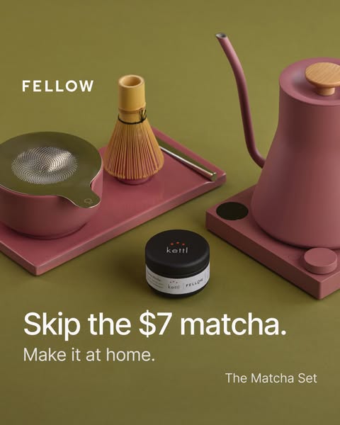 This image ad for Fellow features their matcha set, suggesting that the viewer skip buying expensive matcha by making it