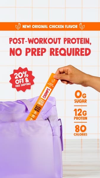 An ad for Chomps Original Chicken flavor protein snacks. The snack is shown in a person's hand being inserted into a