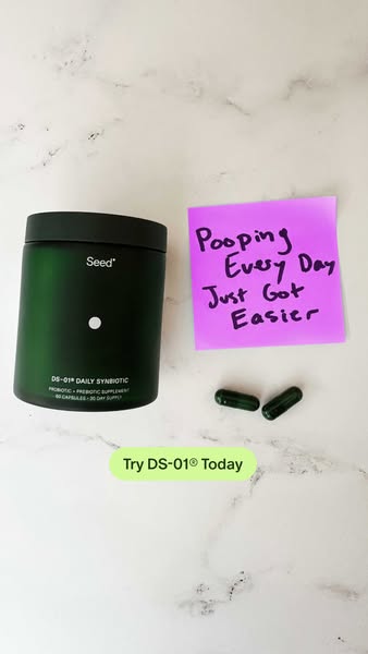 This image ad promotes Seed's DS-01 Daily Synbiotic supplement. The ad features the product packaging alongside a ha