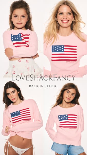 This ad features four separate images of women wearing the same pink sweater with an American flag design. The sweater i
