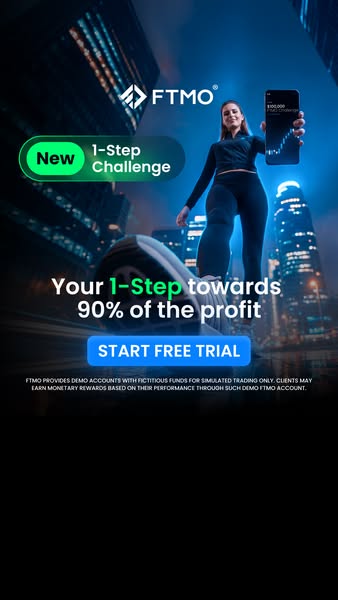 This image ad is for FTMO, a trading platform. The ad is trying to convince new users to try their 1-Step challenge to g