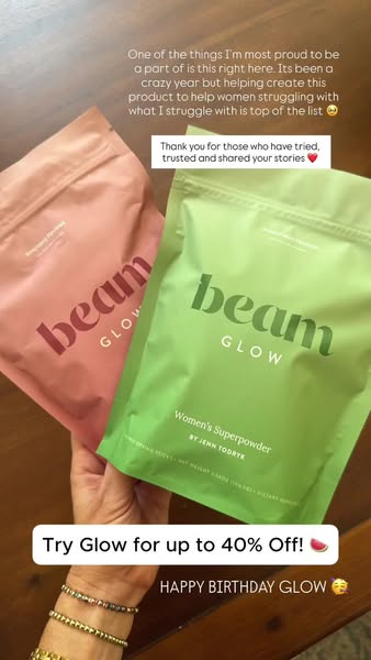 This image ad for Beam Glow features two different flavors of Women's Superpowder and includes a thank you to those 