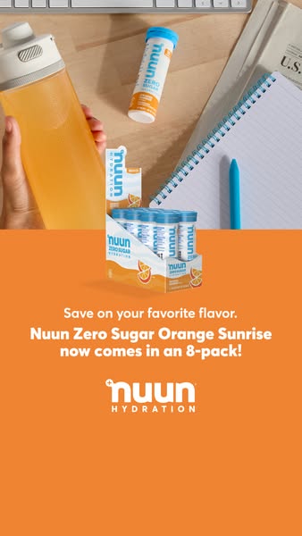 The ad promotes Nuun Zero Sugar Orange Sunrise hydration tablets, now available in an 8-pack, using an image of the prod