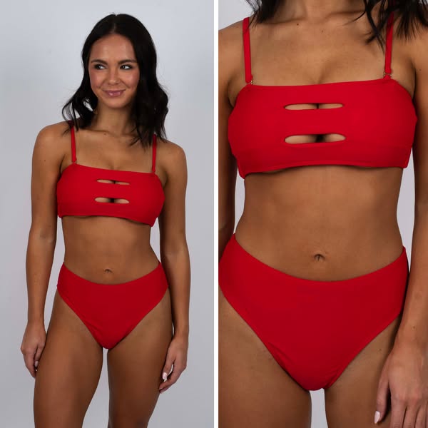A product shot presents a woman modeling a red two-piece swimsuit, in order to demonstrate the look and fit of the garme
