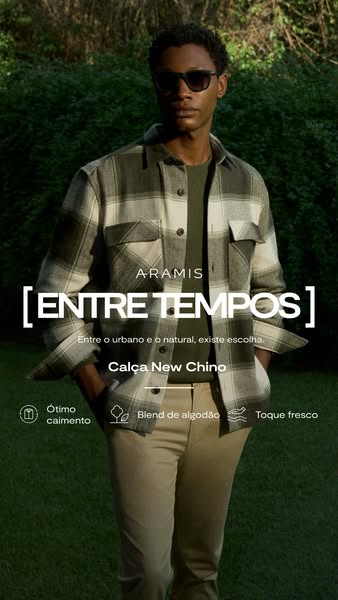 This ad features a man wearing Aramis clothing. The clothing includes a button-down shirt over a T-shirt and chino pants