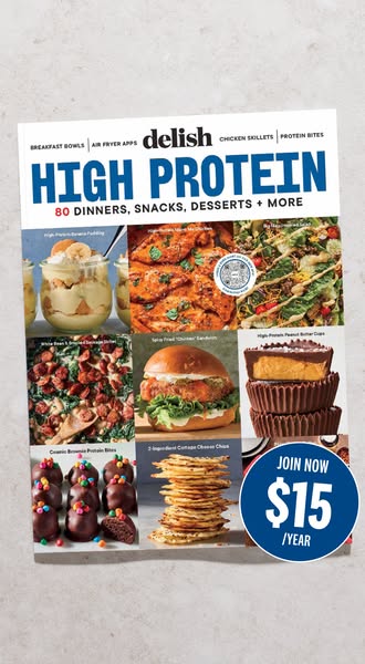 This image ad is for Delish's high protein recipe collection. The ad features a picture of the cover of the Delish r