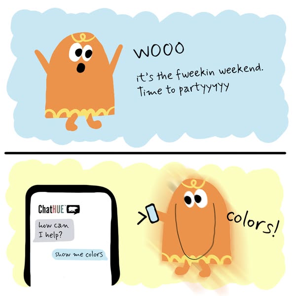 This ad uses a two-panel comic strip format. The first panel shows an orange, cartoon monster celebrating the weekend. T