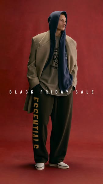 This ad features a man wearing clothing from the brand Essentials. The ad is promoting a Black Friday sale.