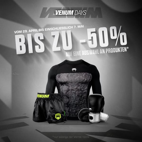 This ad promotes a sale on Venum brand athletic clothing and gear, offering discounts up to 50% off a selection of produ