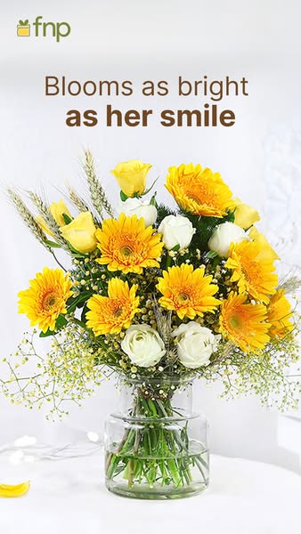 This ad features a bouquet of yellow and white flowers in a clear vase. The ad uses the headline "Blooms as bright 