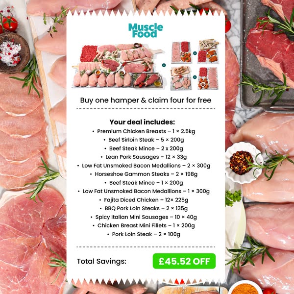 This ad showcases the Muscle Food brand's meat hamper. It emphasizes a deal of buying one hamper and getting four fo