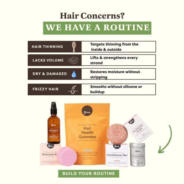 The ad displays the brand's routine to target different hair concerns: hair thinning, lack of volume, dry & dama