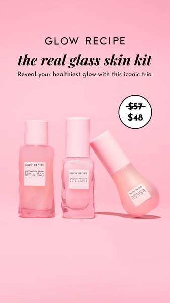 This ad showcases Glow Recipe's The Real Glass Skin Kit, highlighting the promise of a healthy glow and featuring a 