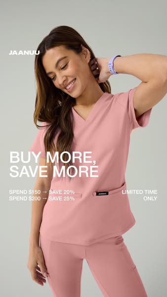 This image ad for Jaanuu features a woman wearing a matching pink scrub set and offers a discount for spending a certain
