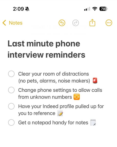 The ad shows a checklist of reminders for a phone interview, including to clear your room of distractions, change your p