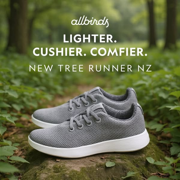 This ad features Allbirds' New Tree Runner NZ shoe against a blurred outdoor backdrop. The copy highlights the shoe&