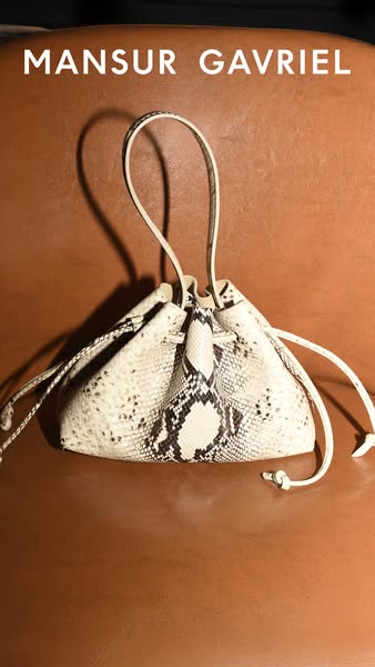 A studio shot showcases a Mansur Gavriel bag with snake print leather.
