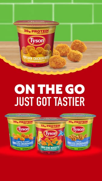 The ad promotes Tyson chicken bites, specifically popcorn chicken bites, mini dino nuggets, and boneless chicken bites. 