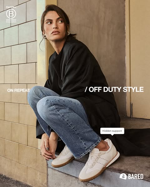 This Bared Shoes ad features a woman in a casual outfit wearing a pair of off-white Bared sneakers. The ad uses a lifest