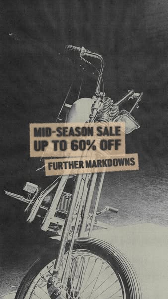 This image ad promotes a mid-season sale with discounts of up to 60% off and further markdowns. The ad features a motorc