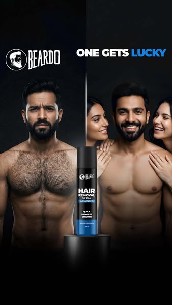 This ad compares the look of a man with chest hair to the same man with a hairless chest after using Beardo hair removal