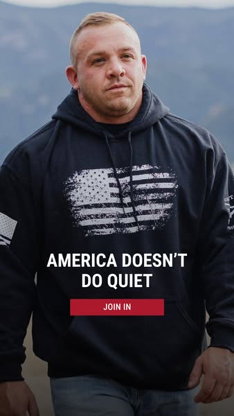 This image ad features a man wearing a black hoodie with a distressed American flag design, emphasizing a brand message 