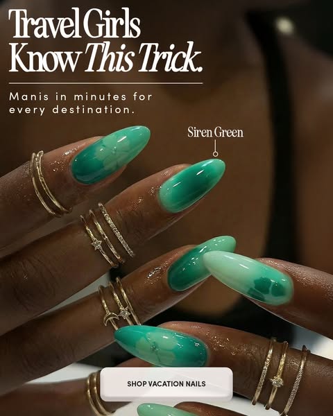 This image ad showcases close-up images of hands with polished nails in varying shades of green. The ad targets traveler