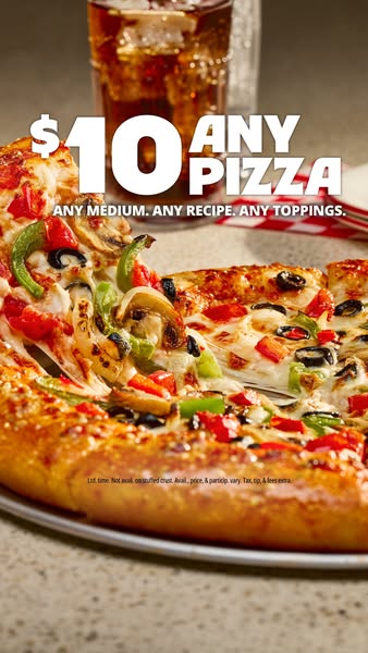 This image ad from Pizza Hut promotes a limited time deal: Any medium pizza, any recipe, and any toppings for $10.