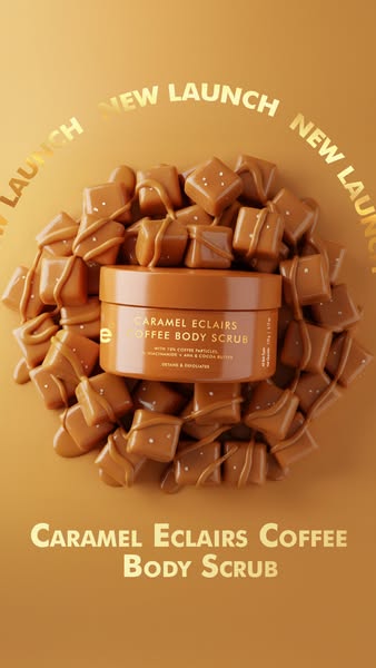 This ad showcases Caramel Eclairs Coffee Body Scrub, highlighting its launch. The product is presented amid decorative c
