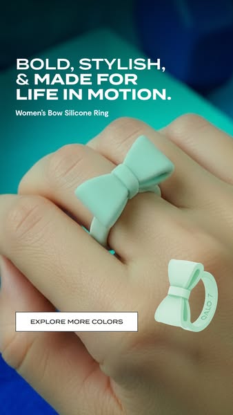 This image ad features a silicone bow ring from Qalo. The ad uses close-up visuals of the product and text that emphasiz