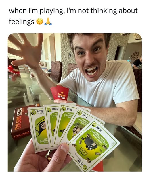 This ad uses humor to promote the board game Exploding Kittens by showing a man who is emotionally invested in the game.