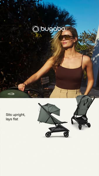 A lifestyle shot of a woman outside with a stroller product snapshot laid across the bottom.