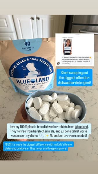 The image ad features Blueland dishwasher detergent tablets. The ad copy includes customer reviews that compliment the p