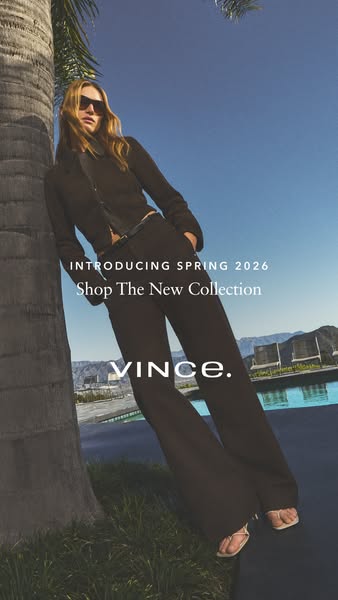 This ad for Vince's Spring 2026 collection features a woman in a matching set, leaning against a palm tree with a ca