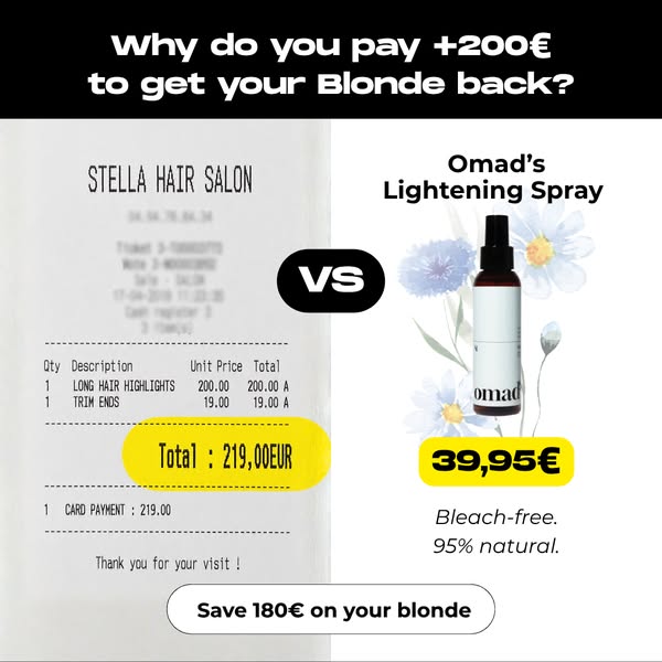 This ad highlights the cost savings of using Omad's Lightening Spray compared to getting highlights at a hair salon.