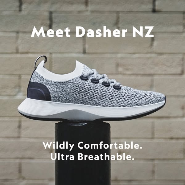 This ad promotes the Allbirds Dasher NZ sneaker, highlighting its comfort and breathability. It uses a simple, clean ima