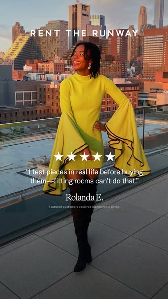 This ad for Rent the Runway features a testimonial from a customer named Rolanda E. who says she tests pieces in real li