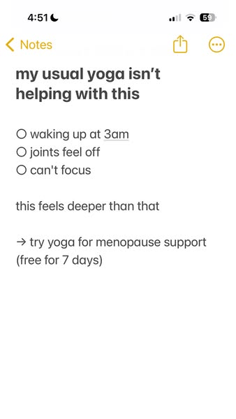 This ad features an image of a note that reads 'my usual yoga isn't helping with this' and includes a list o