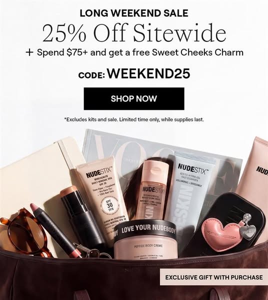 This ad promotes a sitewide sale and a special gift with purchase from Nudestix. It features a variety of products insid
