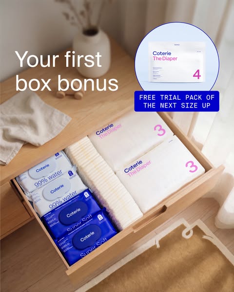 This ad showcases Coterie diapers and wipes within an organized drawer setting, highlighting an offer of a free trial pa