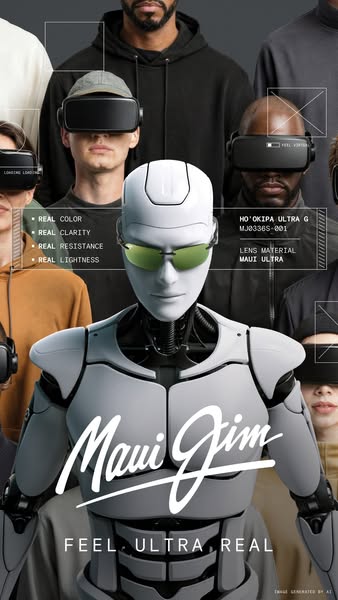 This ad by Maui Jim shows a digitally rendered human-like robot wearing a pair of their sunglasses. Several real people 