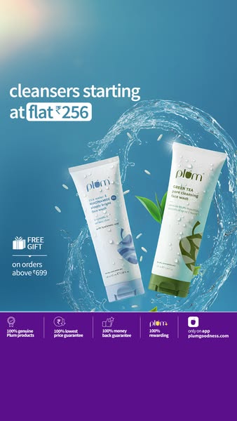 This image ad for Plum promotes a sale on cleansers starting at ₹256 and a free gift on orders above ₹699. The ad featur