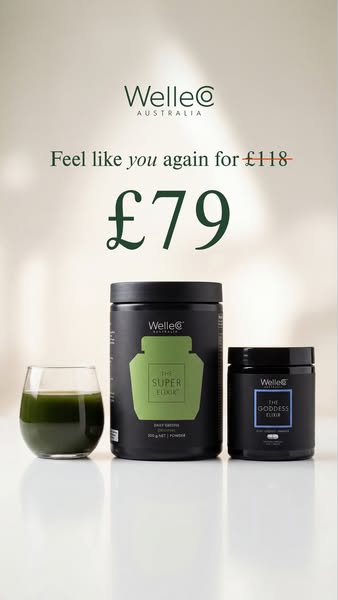 This image ad for WelleCo Australia features The Super Elixir and The Goddess Elixir on sale for £79, reduced from £118.