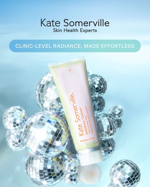 The ad features Kate Somerville's ExfoliKate Cleanser, promoting clinic-level radiance made effortless. The product 