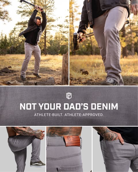 This image ad is for a brand of denim jeans. The ad features photos of a model outdoors chopping wood, as well as close